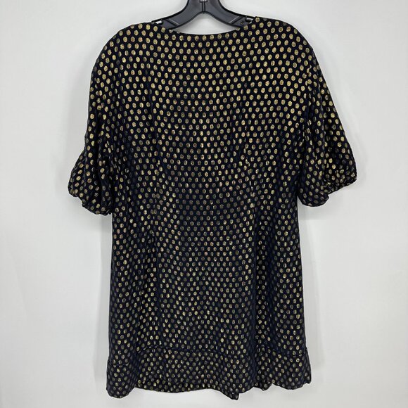 3/$25 French Connection Silk Tunic Mini Dress 10 Metallic Polka Dots Navy Blue - Picture 2 of 11